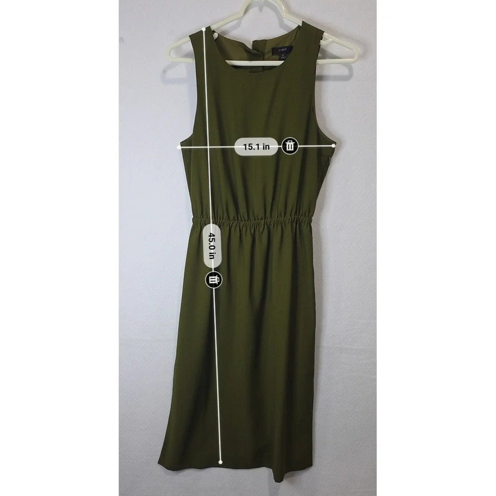 J.Crew Olive Green Sleeveless Elastic Waist Midi Dress with Back Buttons Size 2